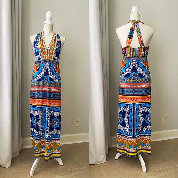Hale Bob Boho Blue White Stretch Jersey Halter Open Back Maxi Dress Small - Picture 7 of 7